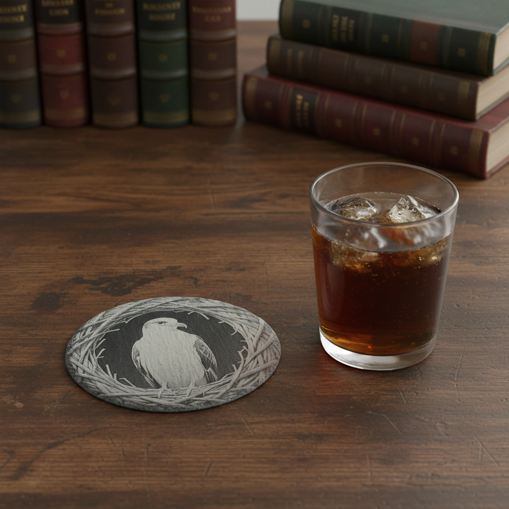Set of 4- Exquisite engraving of a seagull, Slate drink coasters- 10cm diameter, with bumper feet.