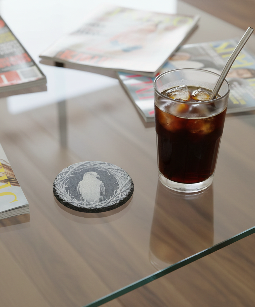 Set of 4- Exquisite engraving of a seagull, Slate drink coasters- 10cm diameter, with bumper feet.