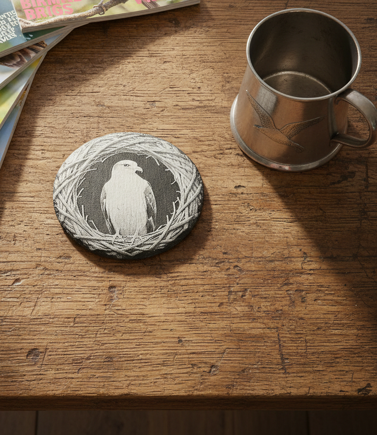 Set of 4- Exquisite engraving of a seagull, Slate drink coasters- 10cm diameter, with bumper feet.