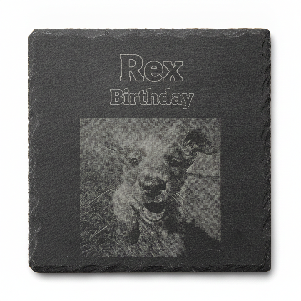 Set of 4- Square, Personalised-Photo on Slate Drink Coasters- 10cm x 10cm, with bumper feet. Any Text and Font.