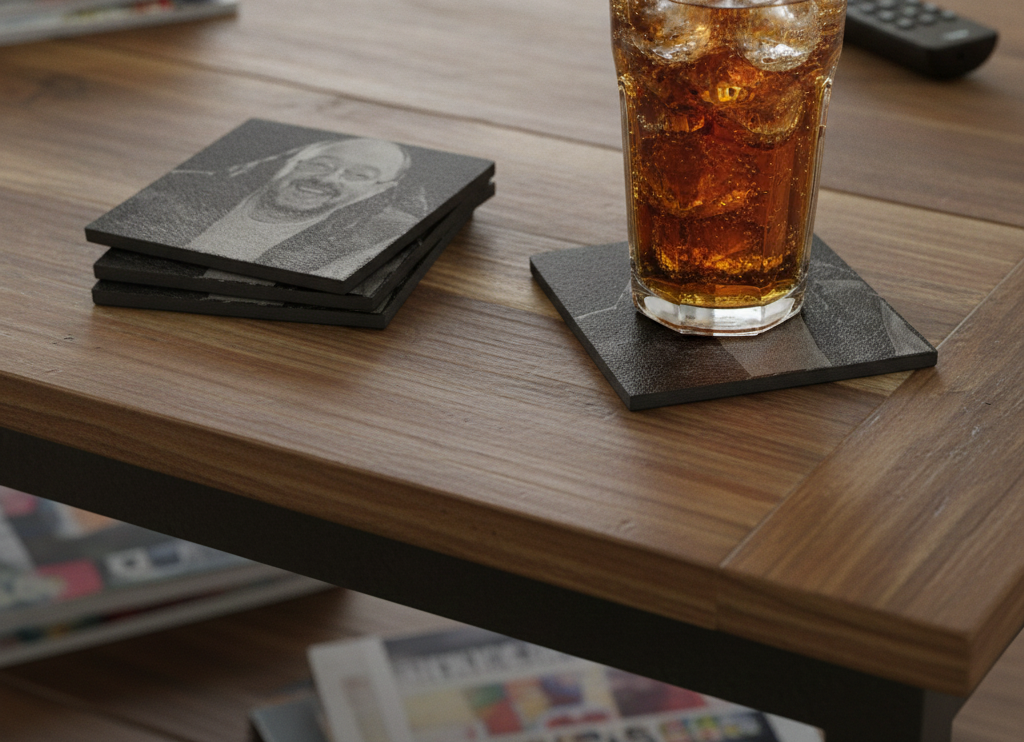 Set of 4- Square, Personalised-Photo on Slate Drink Coasters- 10cm x 10cm, with bumper feet. Any Text and Font.