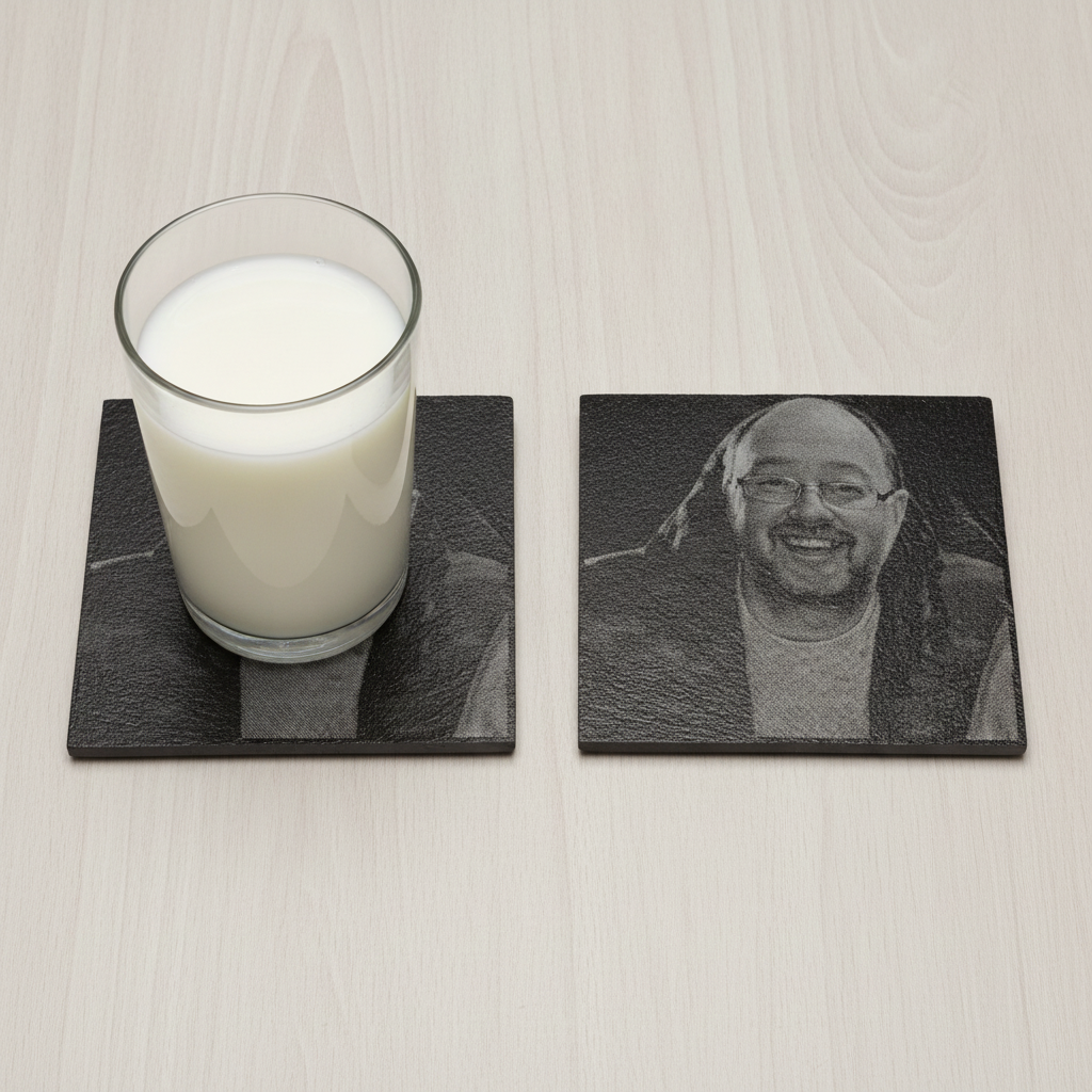 Set of 4- Square, Personalised-Photo on Slate Drink Coasters- 10cm x 10cm, with bumper feet. Any Text and Font.