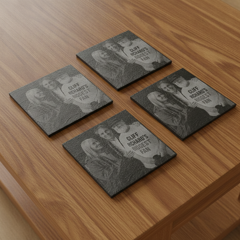 Set of 4- Square, Personalised-Photo on Slate Drink Coasters- 10cm x 10cm, with bumper feet. Any Text and Font.