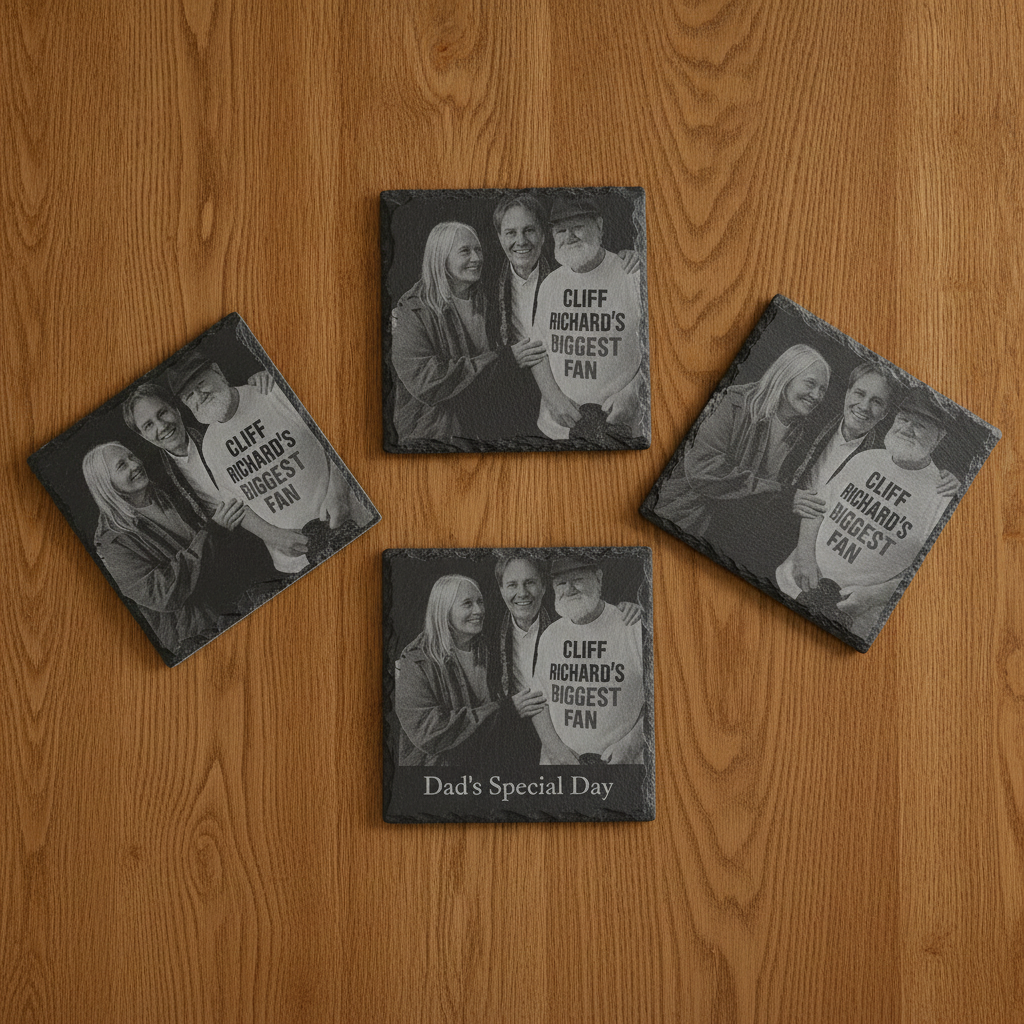 Set of 4- Square, Personalised-Photo on Slate Drink Coasters- 10cm x 10cm, with bumper feet. Any Text and Font.