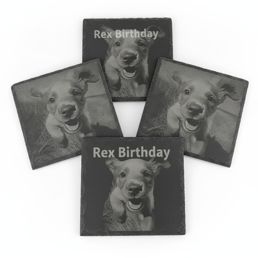 Set of 4- Square, Personalised-Photo on Slate Drink Coasters- 10cm x 10cm, with bumper feet. Any Text and Font.