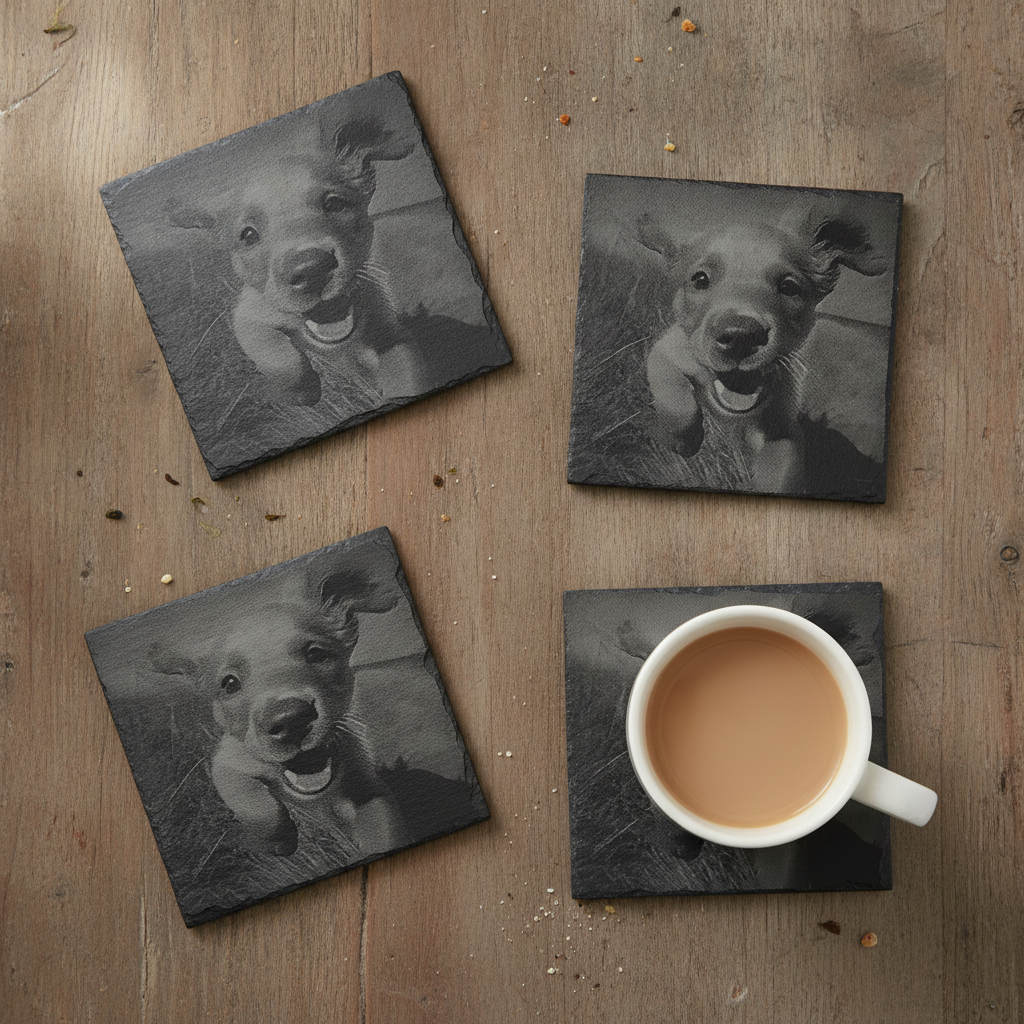 Set of 4- Square, Personalised-Photo on Slate Drink Coasters- 10cm x 10cm, with bumper feet. Any Text and Font.