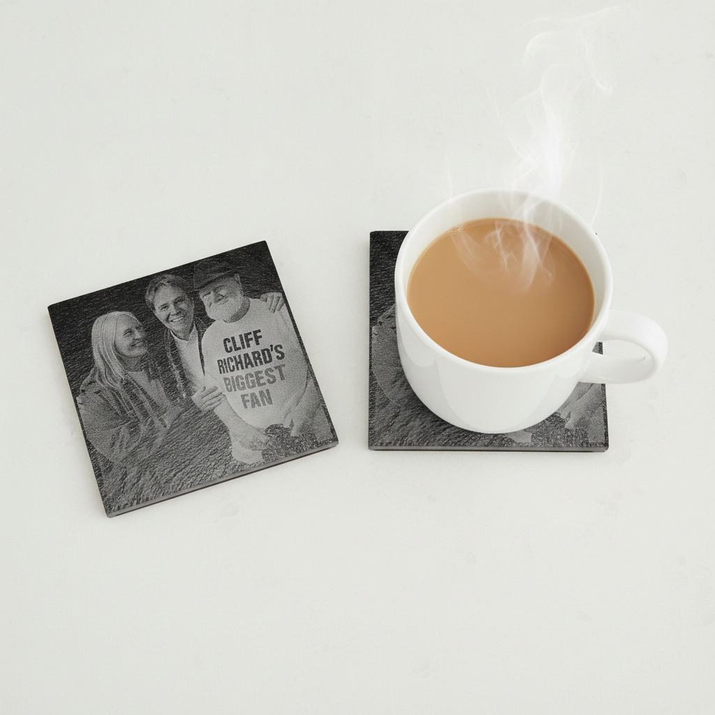 Set of 4- Square, Personalised-Photo on Slate Drink Coasters- 10cm x 10cm, with bumper feet. Any Text and Font.