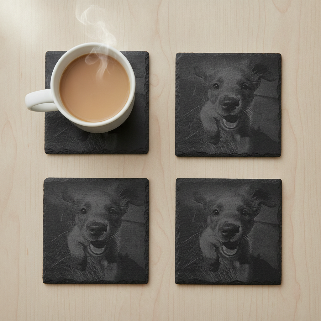 Set of 4- Square, Personalised-Photo on Slate Drink Coasters- 10cm x 10cm, with bumper feet. Any Text and Font.