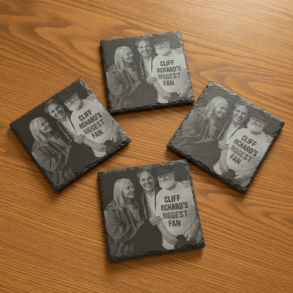 Set of 4- Square, Personalised-Photo on Slate Drink Coasters- 10cm x 10cm, with bumper feet. Any Text and Font.