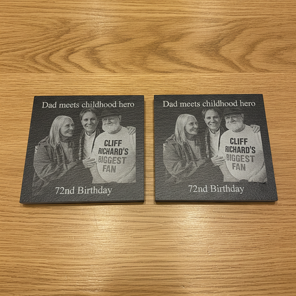 Set of 4- Square, Personalised-Photo on Slate Drink Coasters- 10cm x 10cm, with bumper feet. Any Text and Font.