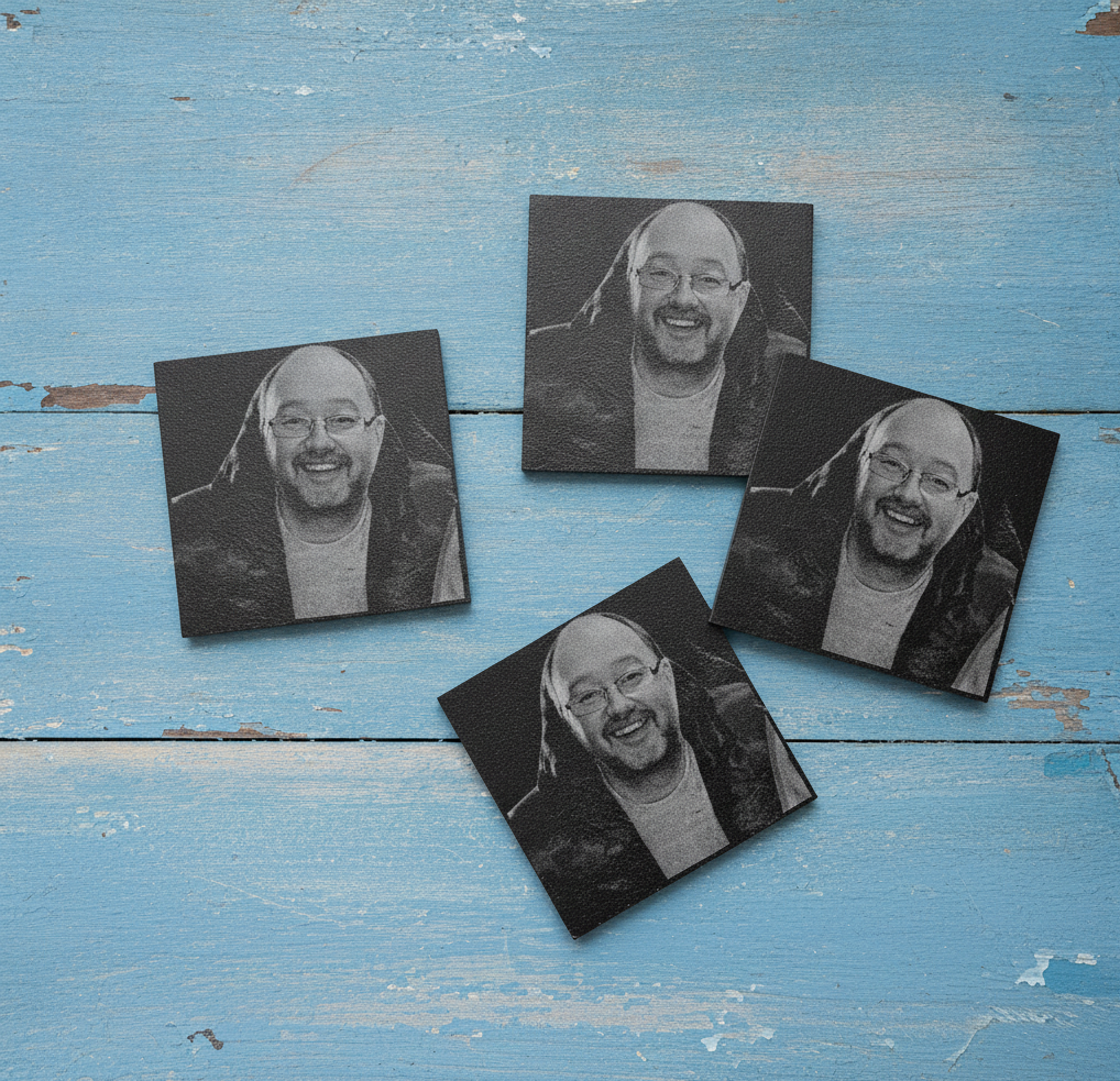 Set of 4- Square, Personalised-Photo on Slate Drink Coasters- 10cm x 10cm, with bumper feet. Any Text and Font.