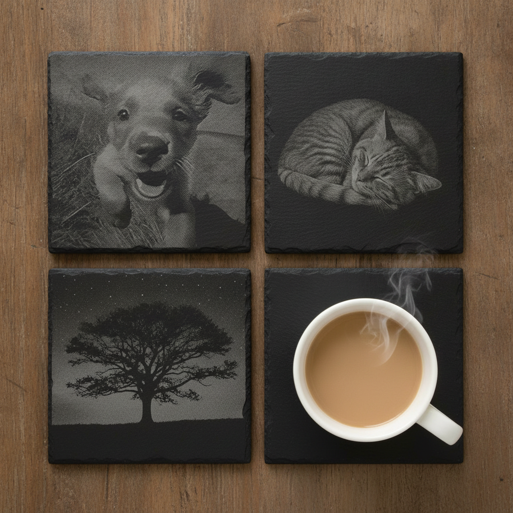 Set of 4- Square, Personalised-Photo on Slate Drink Coasters- 10cm x 10cm, with bumper feet. Any Text and Font.