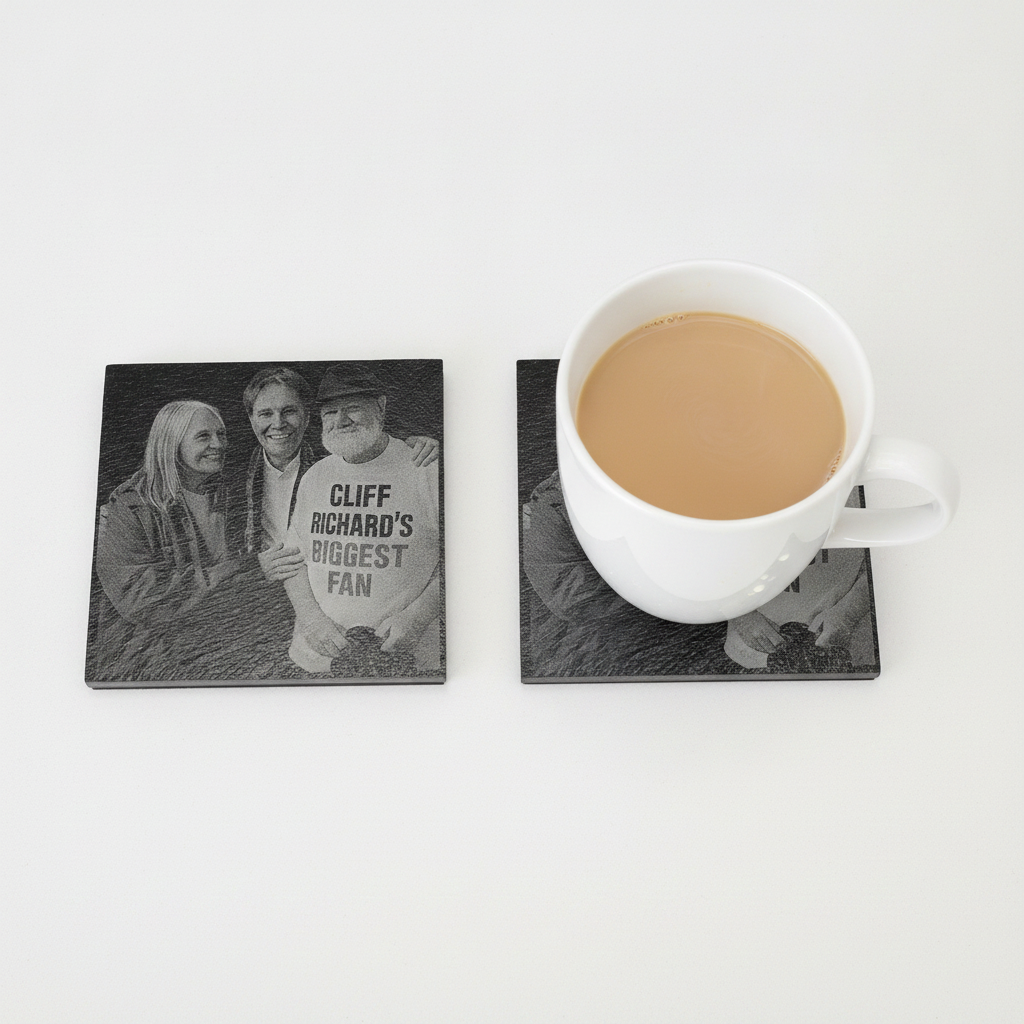 Set of 4- Square, Personalised-Photo on Slate Drink Coasters- 10cm x 10cm, with bumper feet. Any Text and Font.