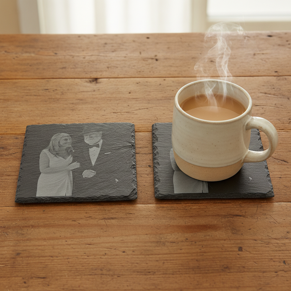 Set of 4- Square, Personalised-Photo on Slate Drink Coasters- 10cm x 10cm, with bumper feet. Any Text and Font.