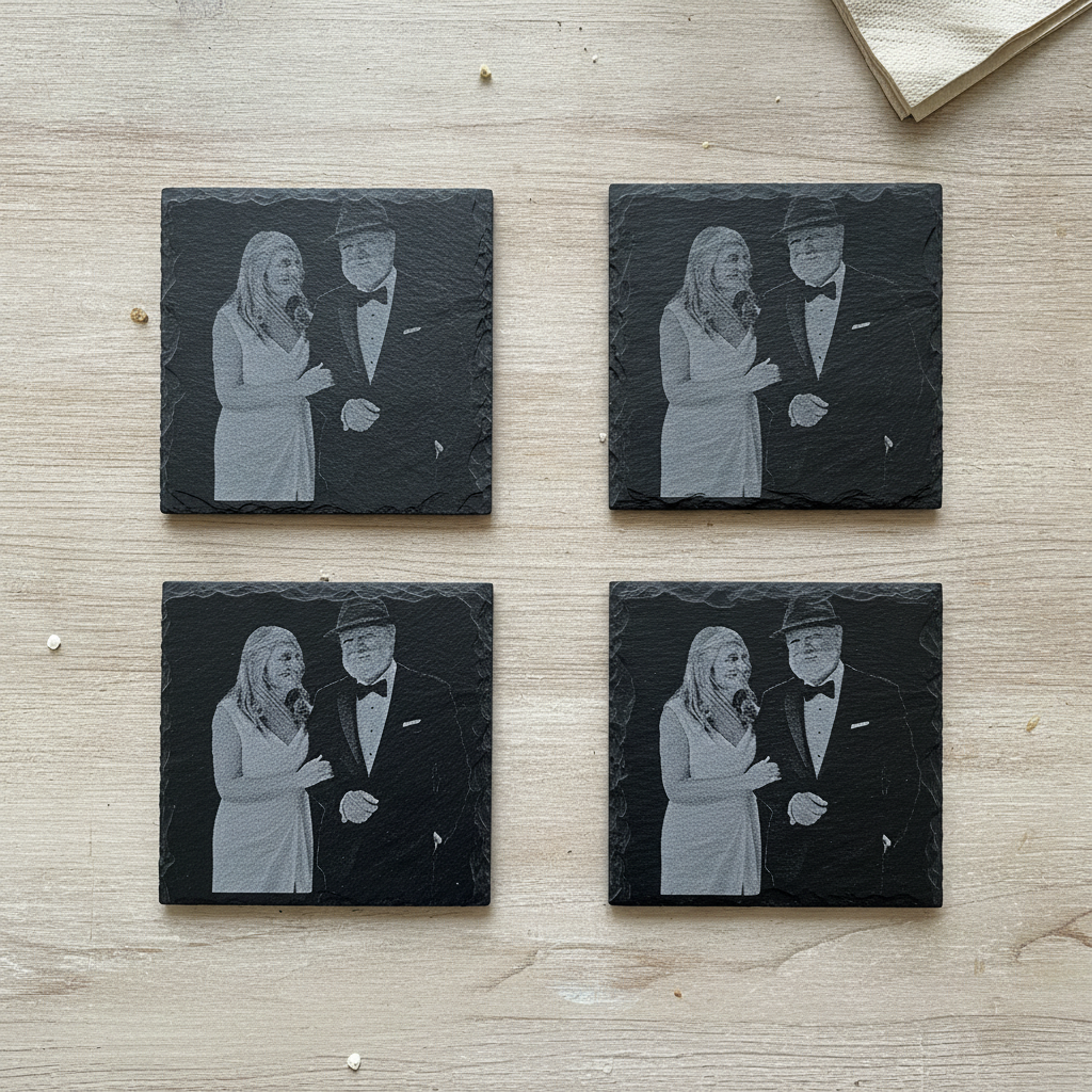 Set of 4- Square, Personalised-Photo on Slate Drink Coasters- 10cm x 10cm, with bumper feet. Any Text and Font.
