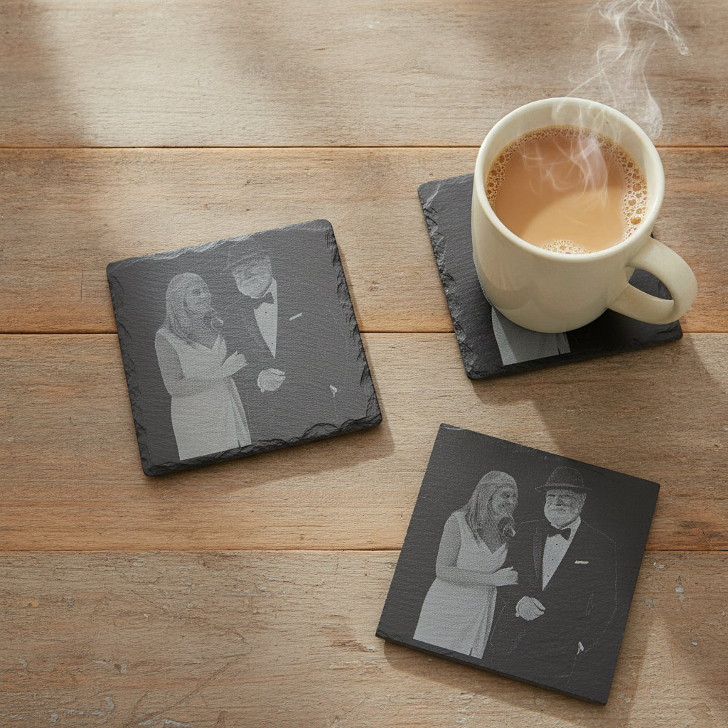 Set of 4- Square, Personalised-Photo on Slate Drink Coasters- 10cm x 10cm, with bumper feet. Any Text and Font.