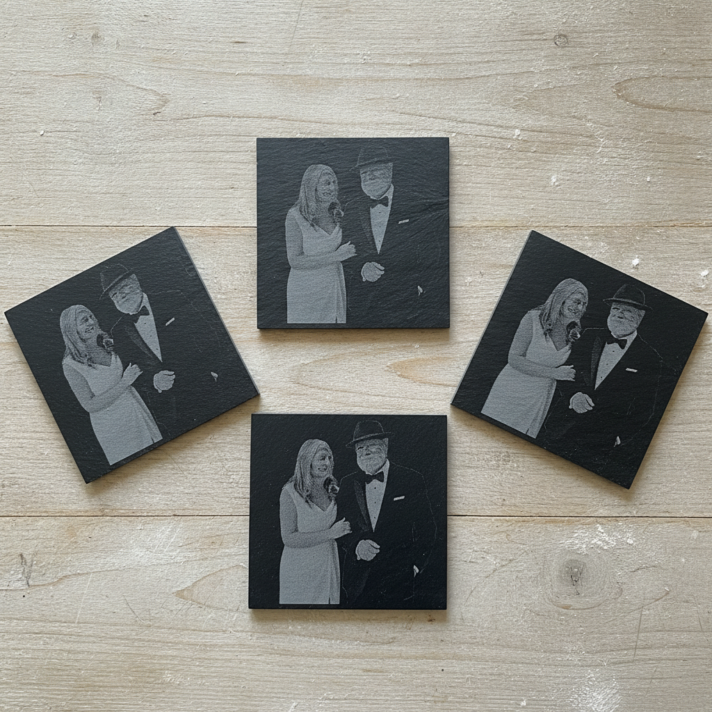 Set of 4- Square, Personalised-Photo on Slate Drink Coasters- 10cm x 10cm, with bumper feet. Any Text and Font.
