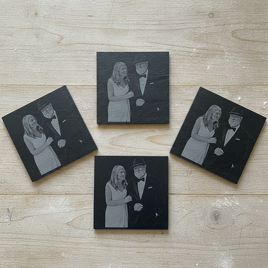 Set of 4- Square, Personalised-Photo on Slate Drink Coasters- 10cm x 10cm, with bumper feet. Any Text and Font.