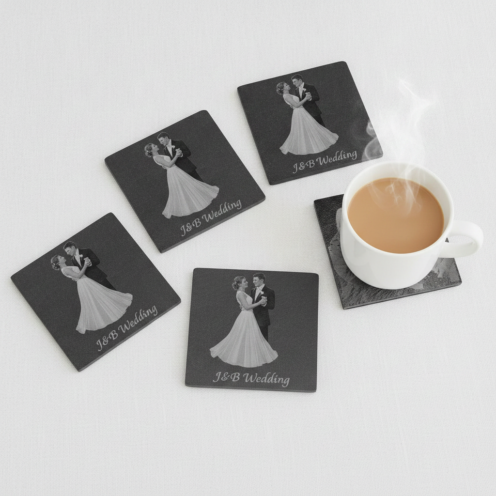 Set of 4- Square, Personalised-Photo on Slate Drink Coasters- 10cm x 10cm, with bumper feet. Any Text and Font.