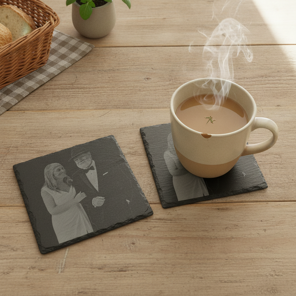 Set of 4- Square, Personalised-Photo on Slate Drink Coasters- 10cm x 10cm, with bumper feet. Any Text and Font.