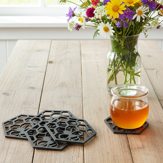 Set of 4 Black Wood Honeycomb cute outs and Bumble Bee engraved Drink Coasters.