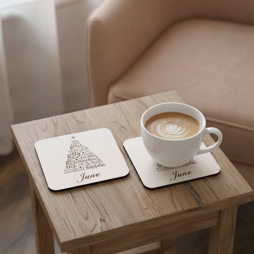 Set of 4 Christmas Tree Engraved White Wood Coasters for Personalisation, with bumper feet.