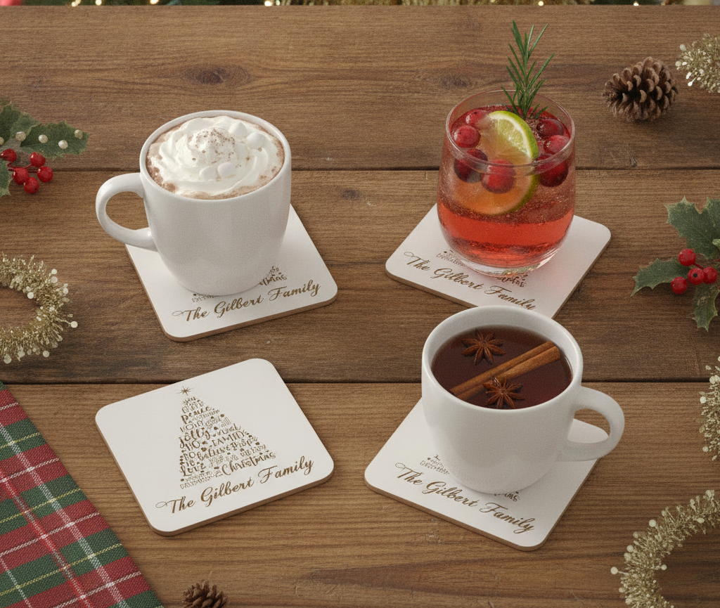Set of 4 Christmas Tree Engraved White Wood Coasters for Personalisation, with bumper feet.
