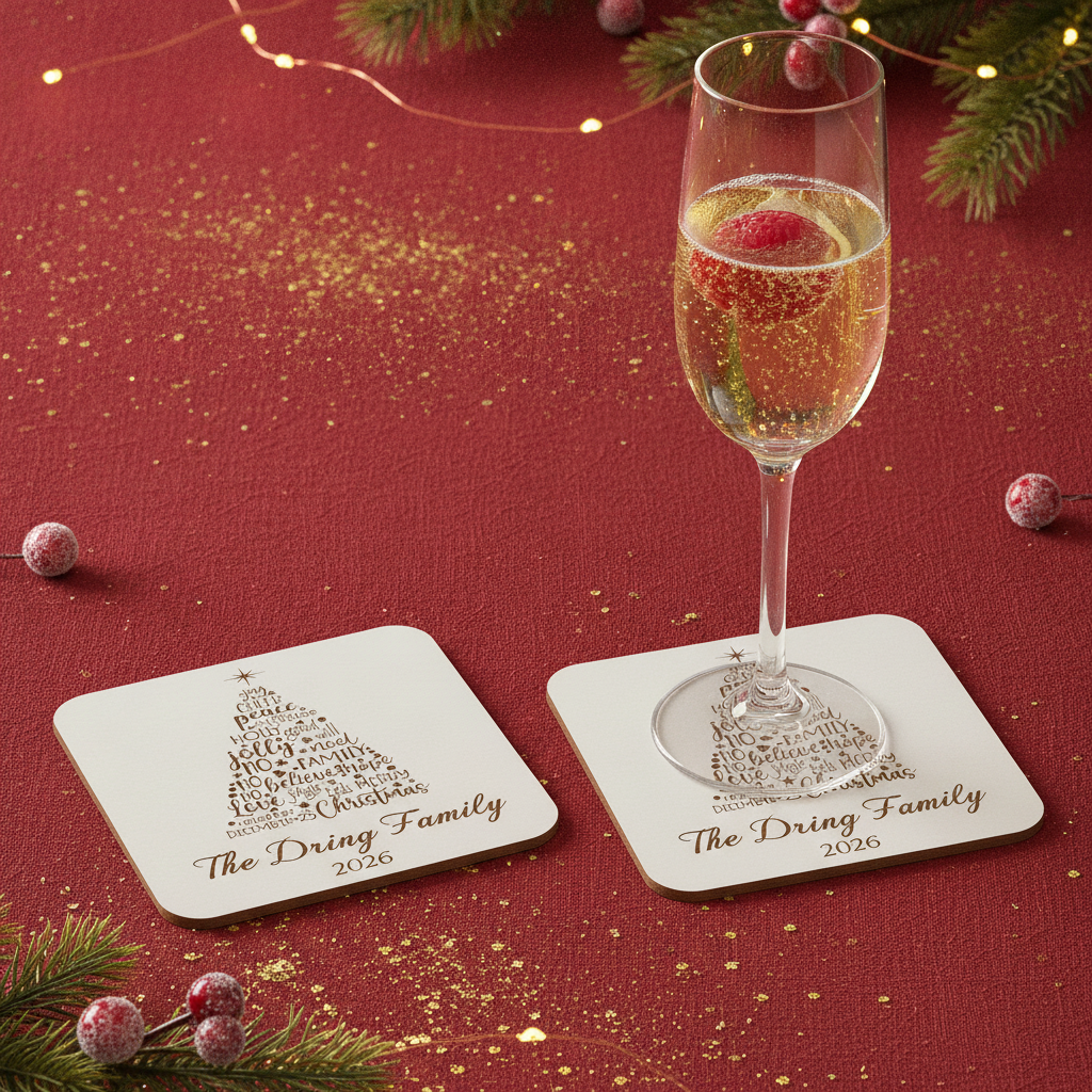 Set of 4 Christmas Tree Engraved White Wood Coasters for Personalisation, with bumper feet.