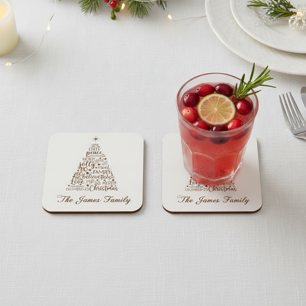 Set of 4 Christmas Tree Engraved White Wood Coasters for Personalisation, with bumper feet.