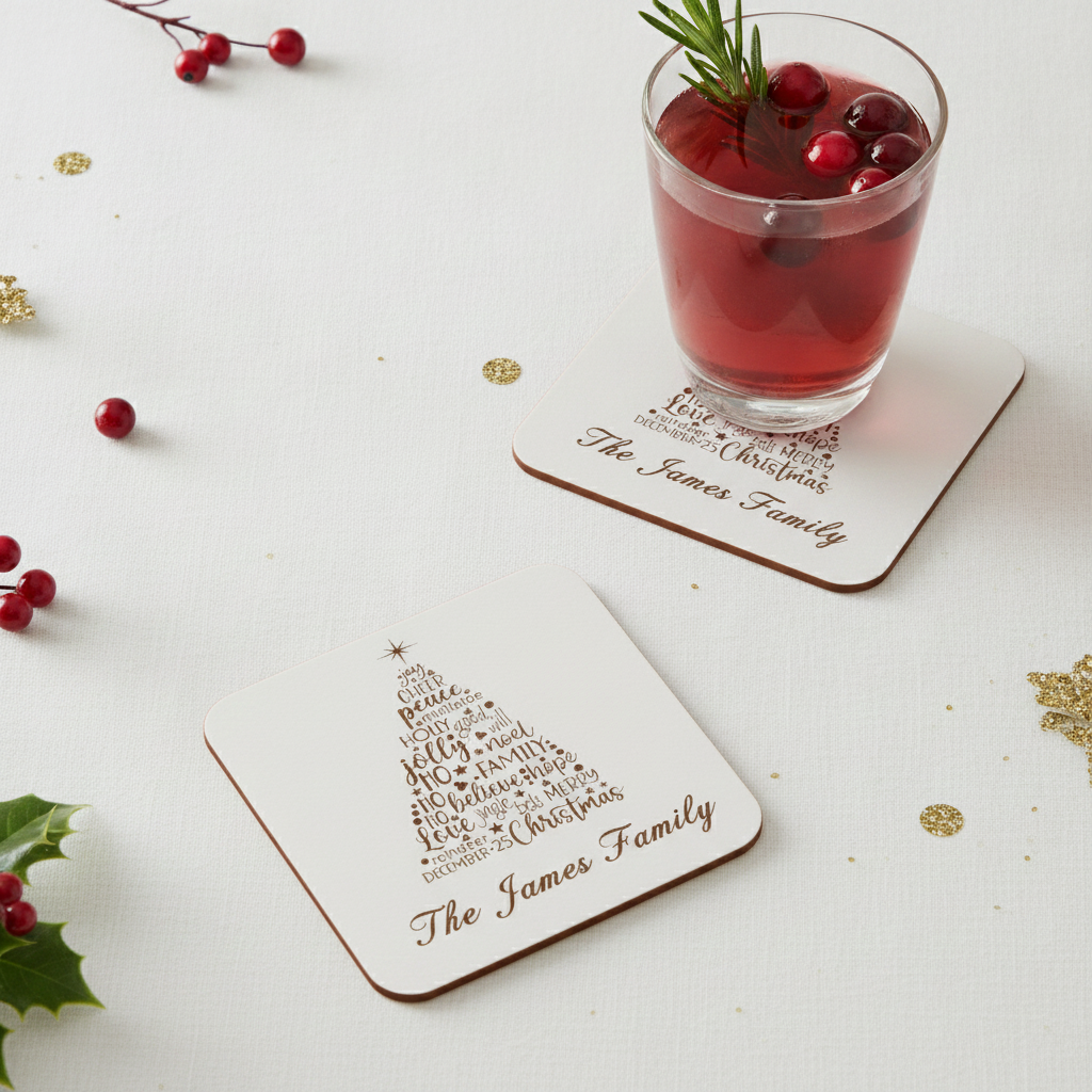 Set of 4 Christmas Tree Engraved White Wood Coasters for Personalisation, with bumper feet.