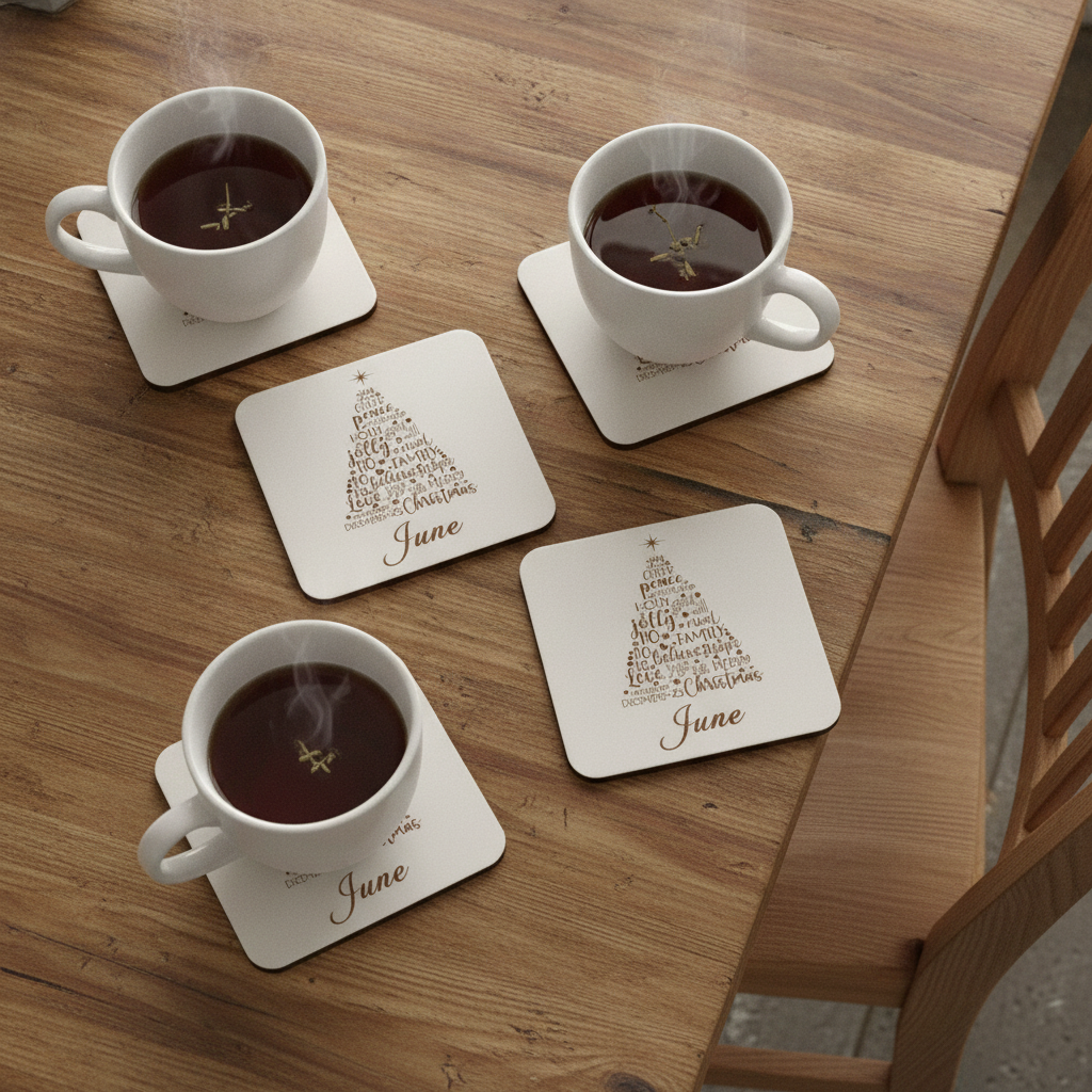 Set of 4 Christmas Tree Engraved White Wood Coasters for Personalisation, with bumper feet.
