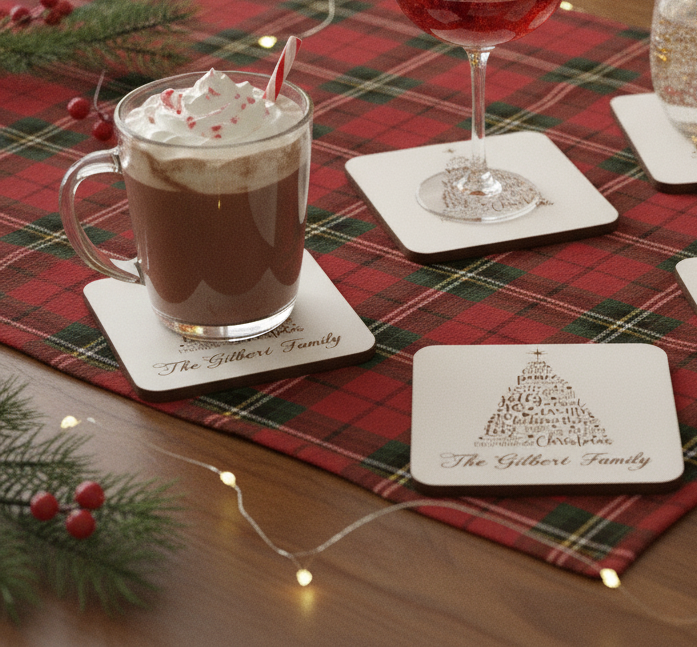 Set of 4 Christmas Tree Engraved White Wood Coasters for Personalisation, with bumper feet.