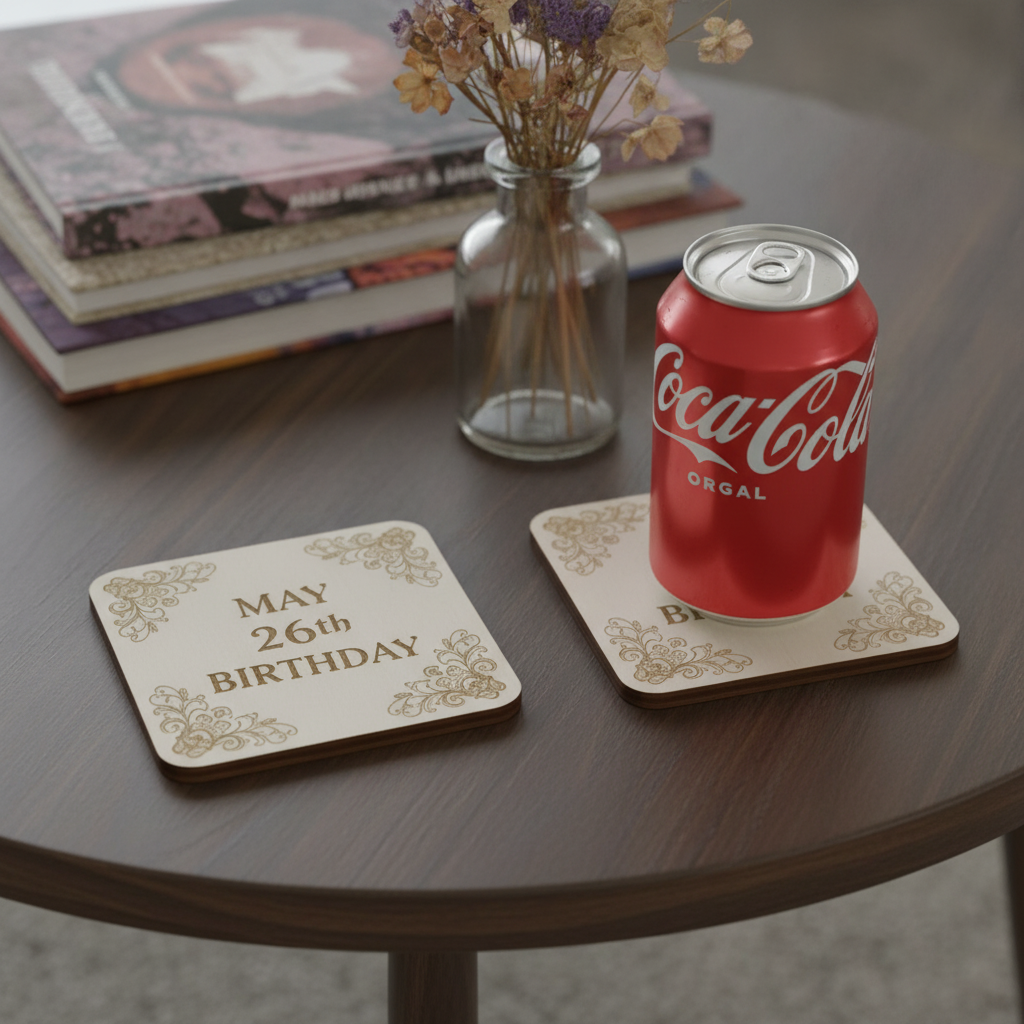 Set of 6 Customise Your Own Coasters - White Topped Wood 9.5 x 9.5cm - Personalised Any Text Any Font Drink Coasters with Rubber Bumper Feet