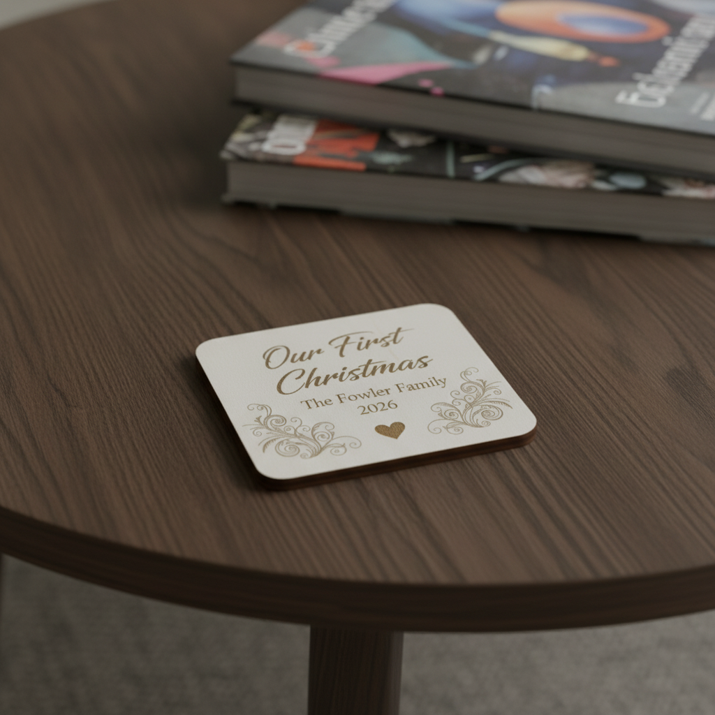 Set of 6 Customise Your Own Coasters - White Topped Wood 9.5 x 9.5cm - Personalised Any Text Any Font Drink Coasters with Rubber Bumper Feet