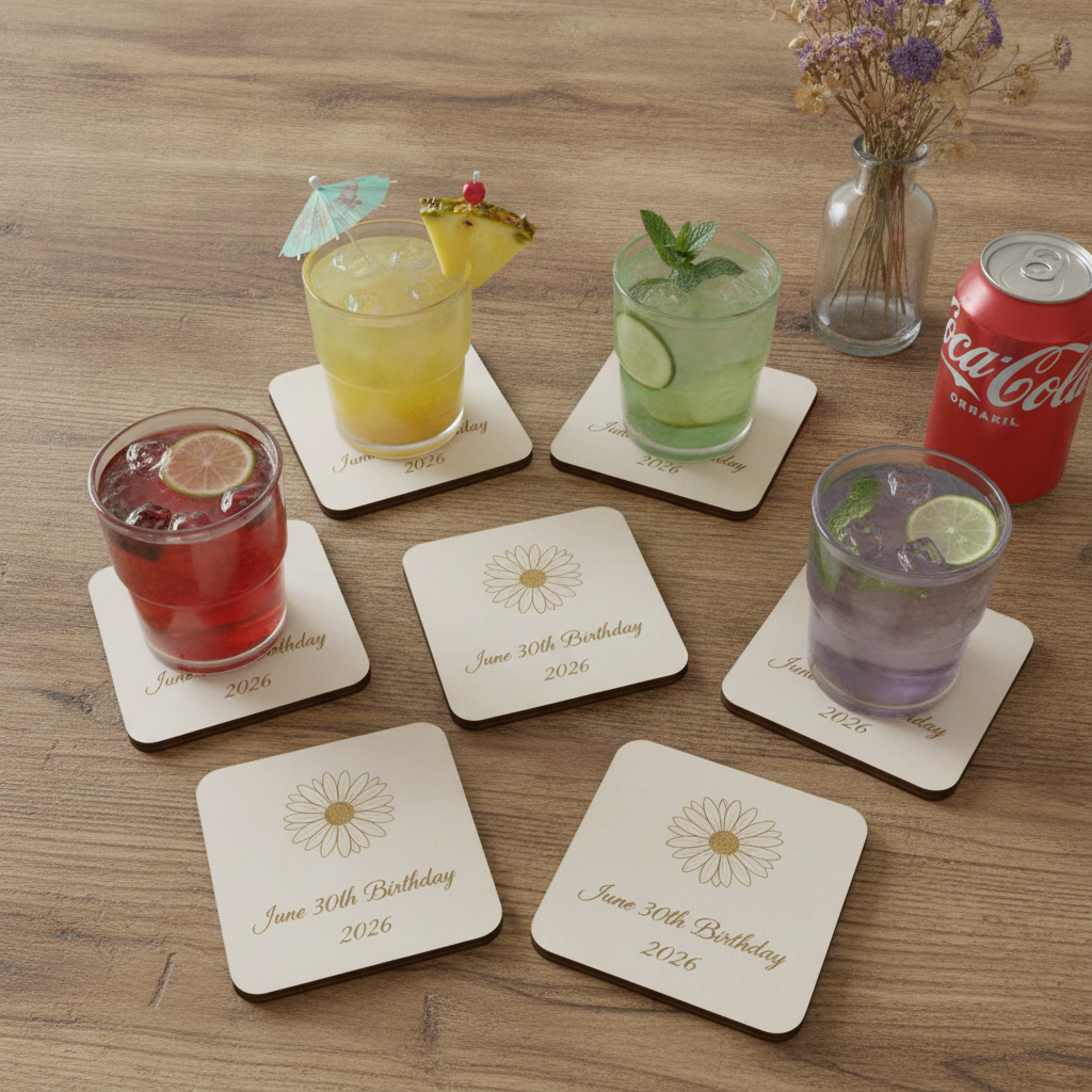 Set of 6 Customise Your Own Coasters - White Topped Wood 9.5 x 9.5cm - Personalised Any Text Any Font Drink Coasters with Rubber Bumper Feet