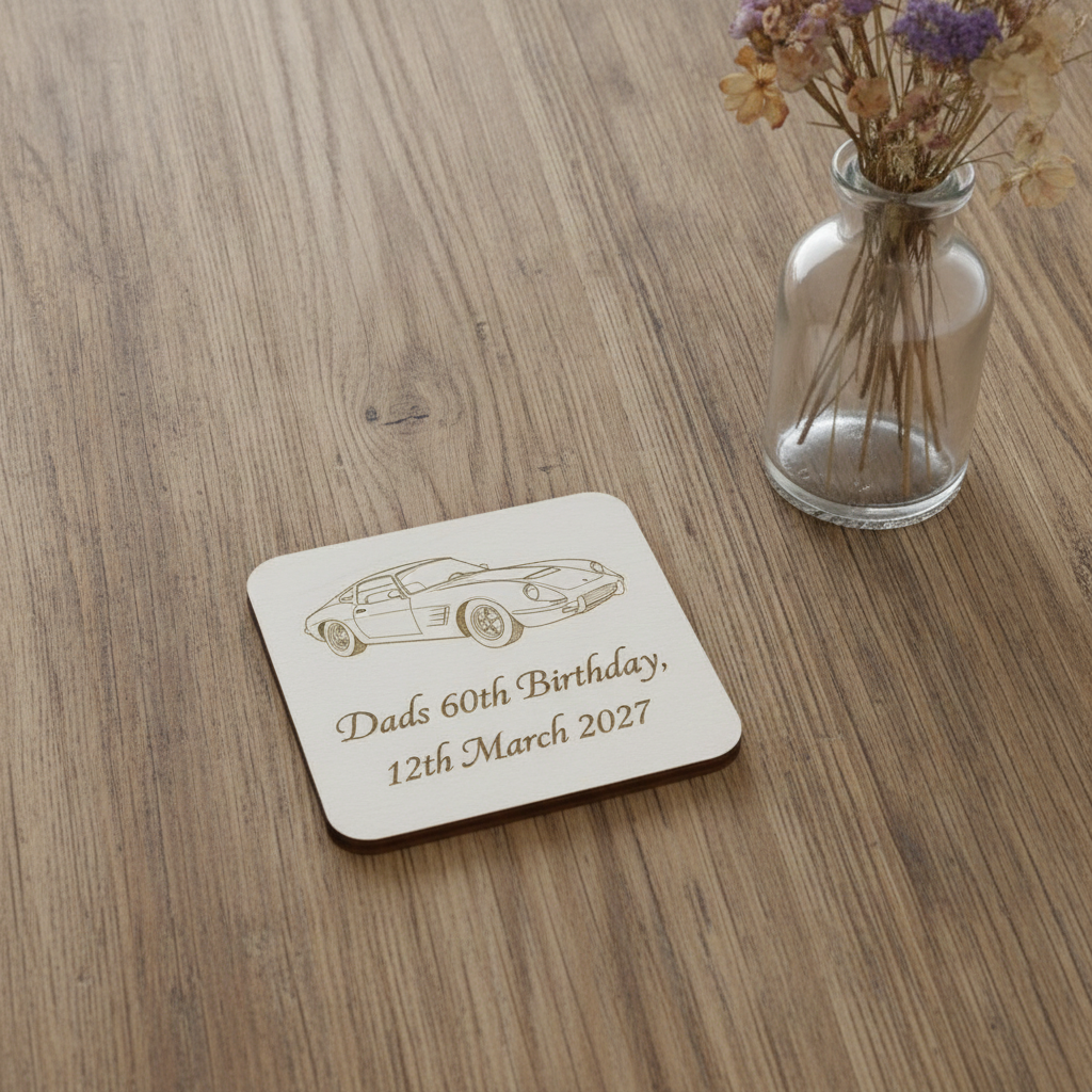 Set of 6 Customise Your Own Coasters - White Topped Wood 9.5 x 9.5cm - Personalised Any Text Any Font Drink Coasters with Rubber Bumper Feet