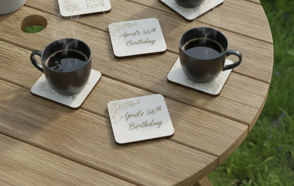 Set of 6 Customise Your Own Coasters - White Topped Wood 9.5 x 9.5cm - Personalised Any Text Any Font Drink Coasters with Rubber Bumper Feet