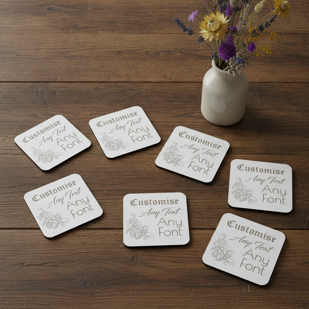 Set of 6 Customise Your Own Coasters - White Topped Wood 9.5 x 9.5cm - Personalised Any Text Any Font Drink Coasters with Rubber Bumper Feet