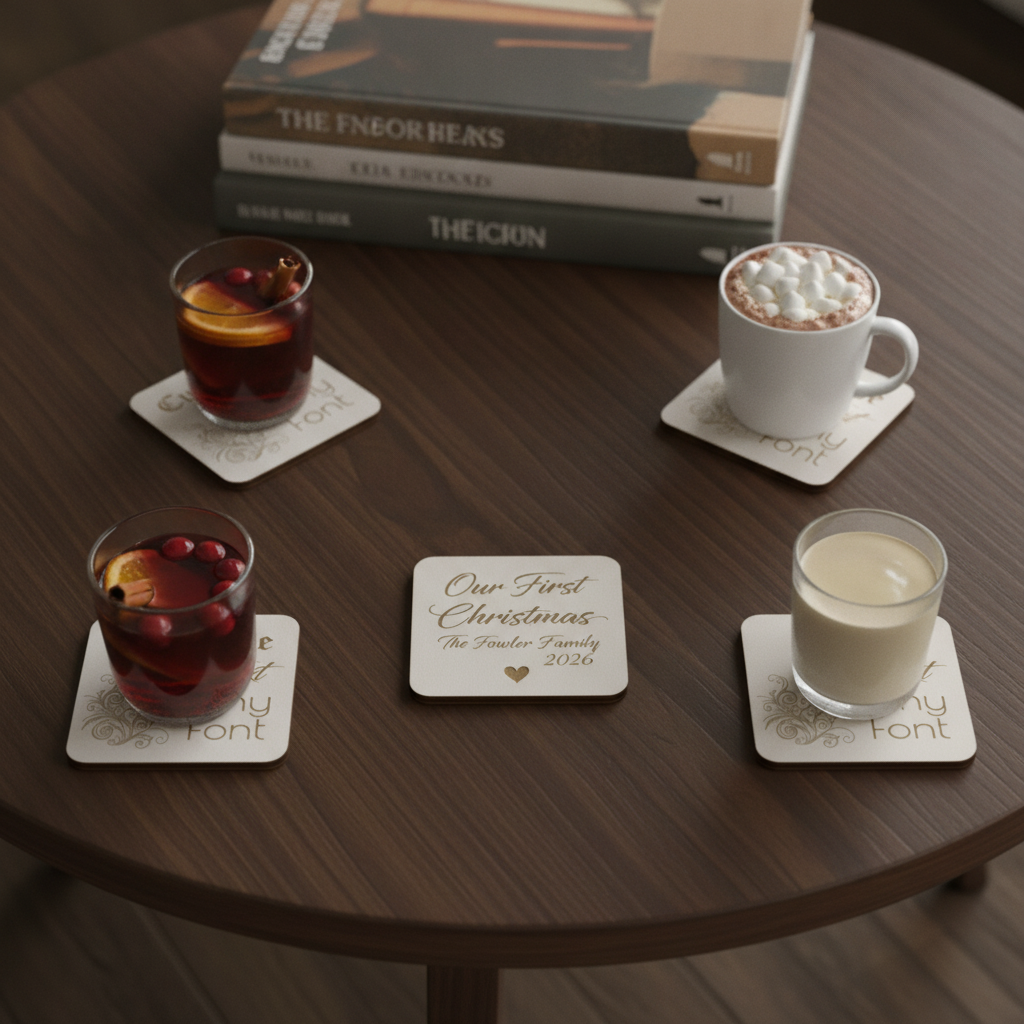 Set of 6 Customise Your Own Coasters - White Topped Wood 9.5 x 9.5cm - Personalised Any Text Any Font Drink Coasters with Rubber Bumper Feet