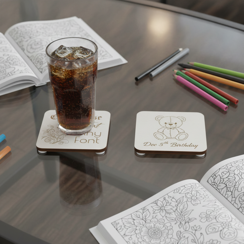 Set of 6 Customise Your Own Coasters - White Topped Wood 9.5 x 9.5cm - Personalised Any Text Any Font Drink Coasters with Rubber Bumper Feet