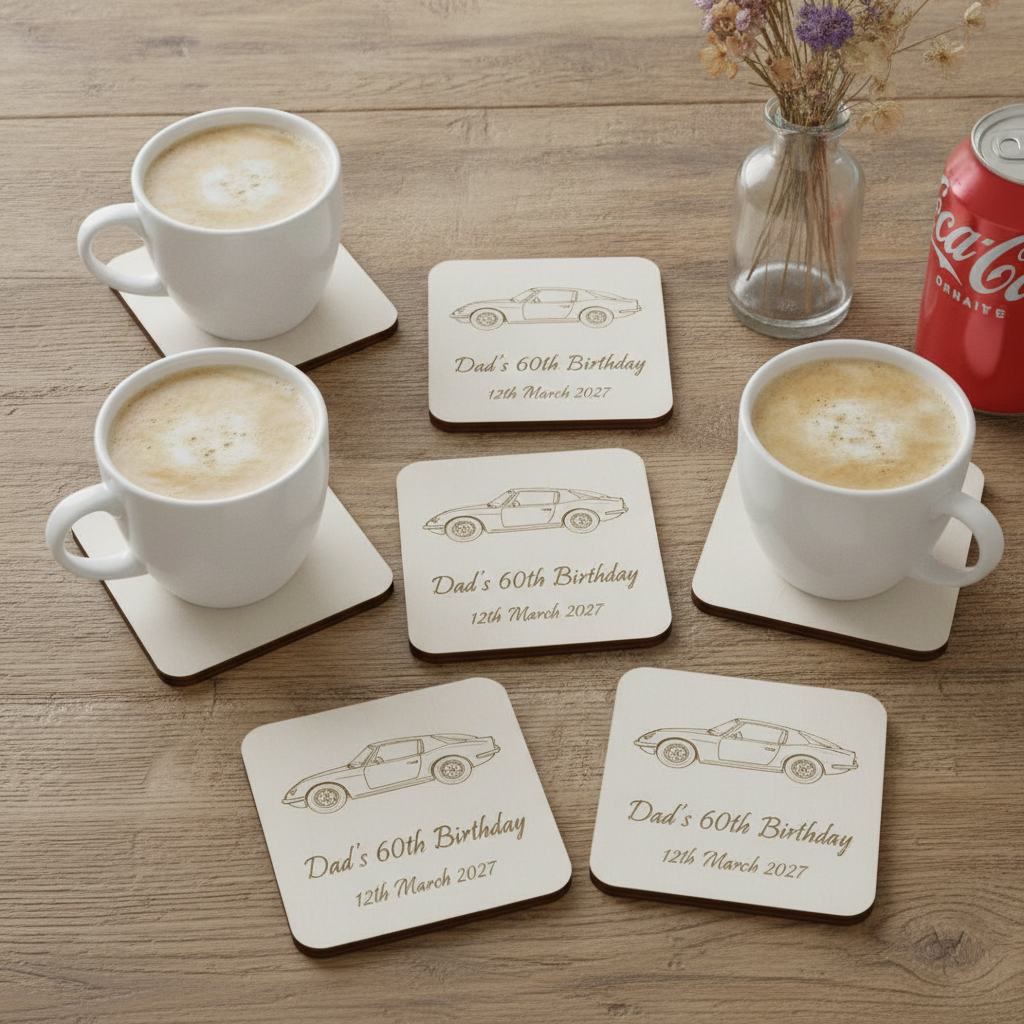 Set of 6 Customise Your Own Coasters - White Topped Wood 9.5 x 9.5cm - Personalised Any Text Any Font Drink Coasters with Rubber Bumper Feet