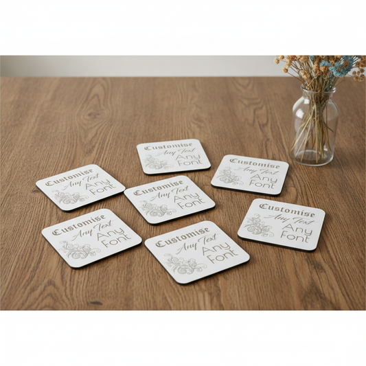 Set of 6 Customise Your Own Coasters - White Topped Wood 9.5 x 9.5cm - Personalised Any Text Any Font Drink Coasters with Rubber Bumper Feet