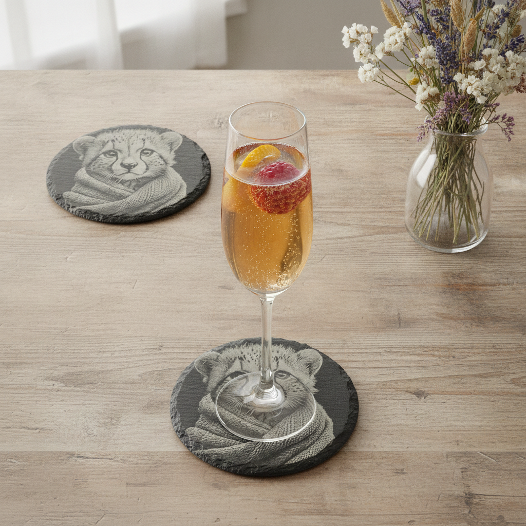 Set of 4 Laser Engraved 10cm Round Slate Coasters - High Detail Baby Bear & Cheetah Cubs in Cosy Blankets (Waterproof, Sealed, Anti-Skid)