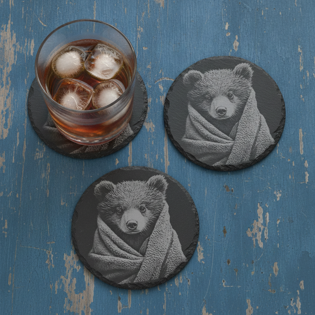 Set of 4 Laser Engraved 10cm Round Slate Coasters - High Detail Baby Bear & Cheetah Cubs in Cosy Blankets (Waterproof, Sealed, Anti-Skid)