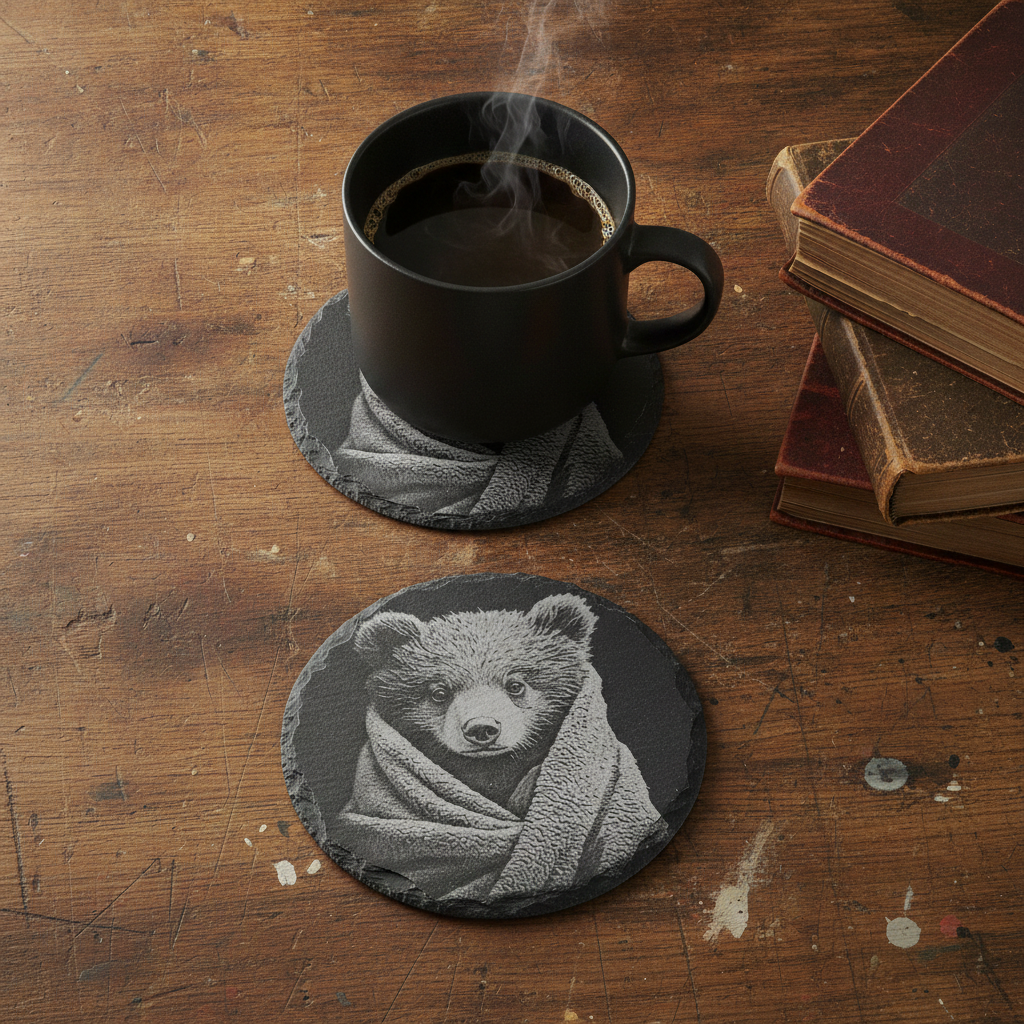 Set of 4 Laser Engraved 10cm Round Slate Coasters - High Detail Baby Bear & Cheetah Cubs in Cosy Blankets (Waterproof, Sealed, Anti-Skid)