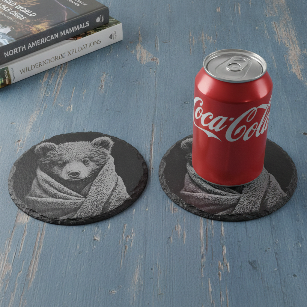 Set of 4 Laser Engraved 10cm Round Slate Coasters - High Detail Baby Bear & Cheetah Cubs in Cosy Blankets (Waterproof, Sealed, Anti-Skid)