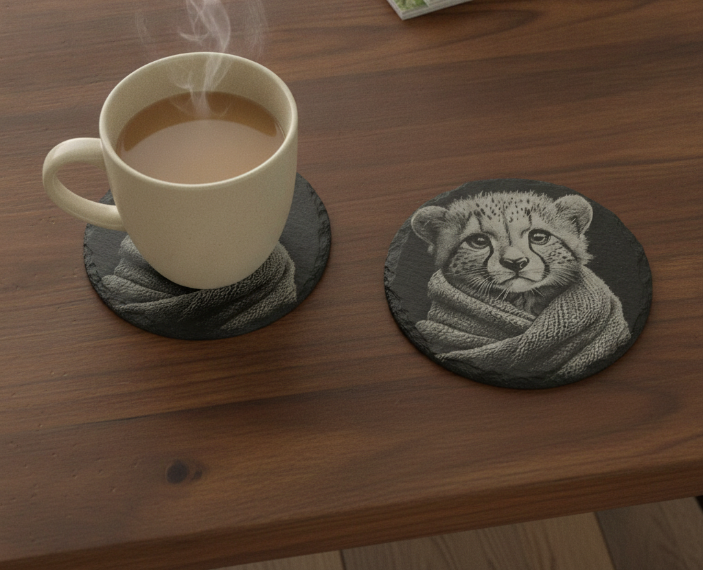 Set of 4 Laser Engraved 10cm Round Slate Coasters - High Detail Baby Bear & Cheetah Cubs in Cosy Blankets (Waterproof, Sealed, Anti-Skid)