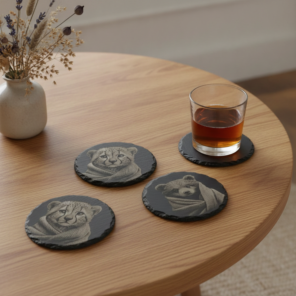 Set of 4 Laser Engraved 10cm Round Slate Coasters - High Detail Baby Bear & Cheetah Cubs in Cosy Blankets (Waterproof, Sealed, Anti-Skid)