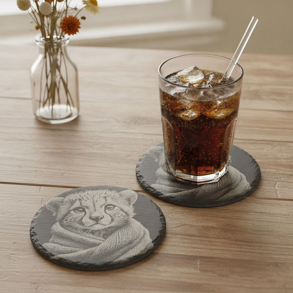 Set of 4 Laser Engraved 10cm Round Slate Coasters - High Detail Baby Bear & Cheetah Cubs in Cosy Blankets (Waterproof, Sealed, Anti-Skid)