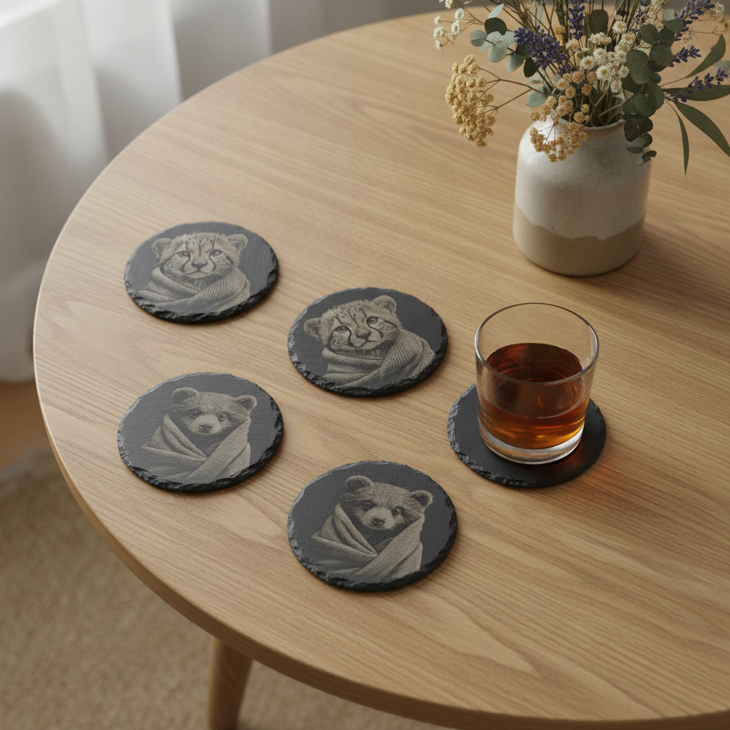 Set of 4 Laser Engraved 10cm Round Slate Coasters - High Detail Baby Bear & Cheetah Cubs in Cosy Blankets (Waterproof, Sealed, Anti-Skid)